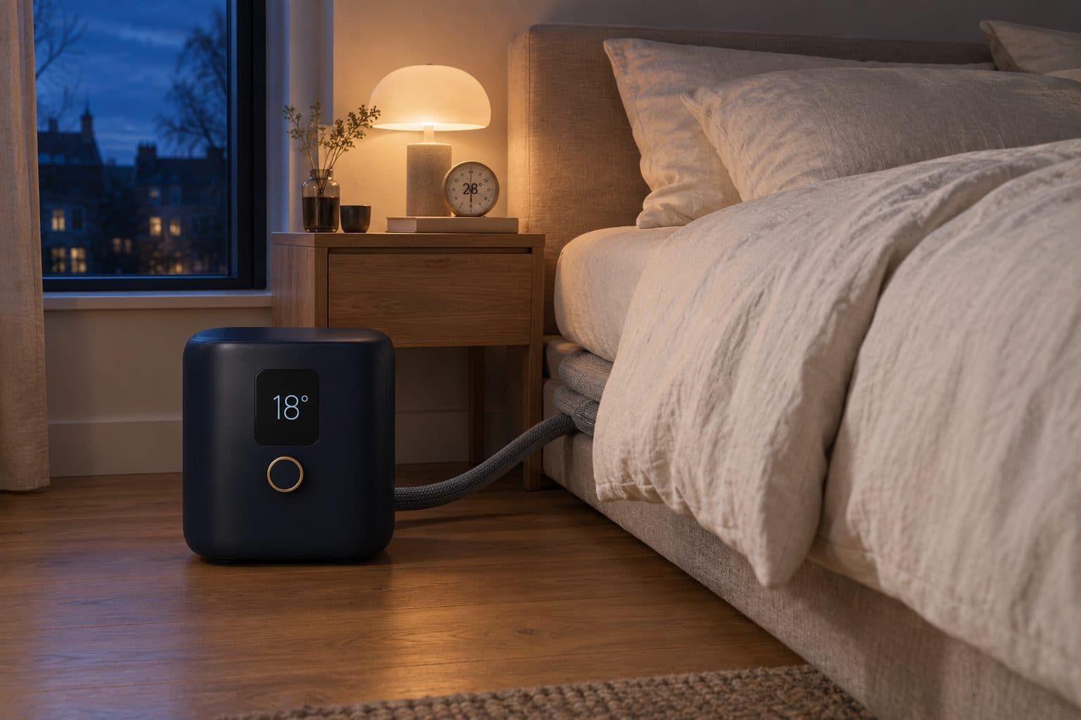 De Settle Night unit naast het bed, 's nachts, met het display op 18 graden en een kamerthermometer op 28